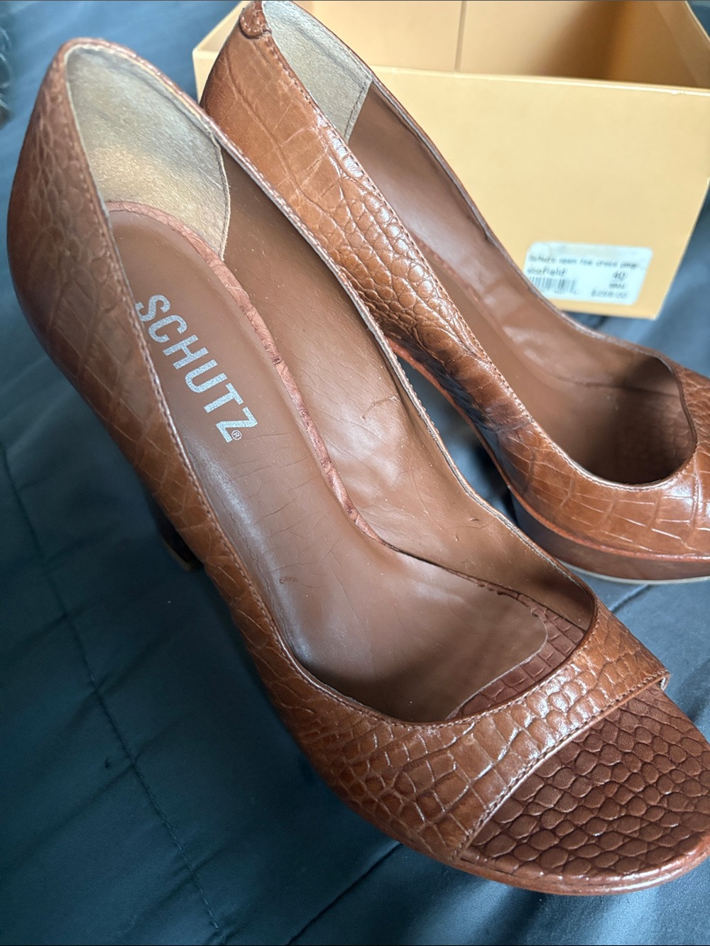 SCHUTZ Tan Croc-Embossed Leather Peep-Toe Pumps
